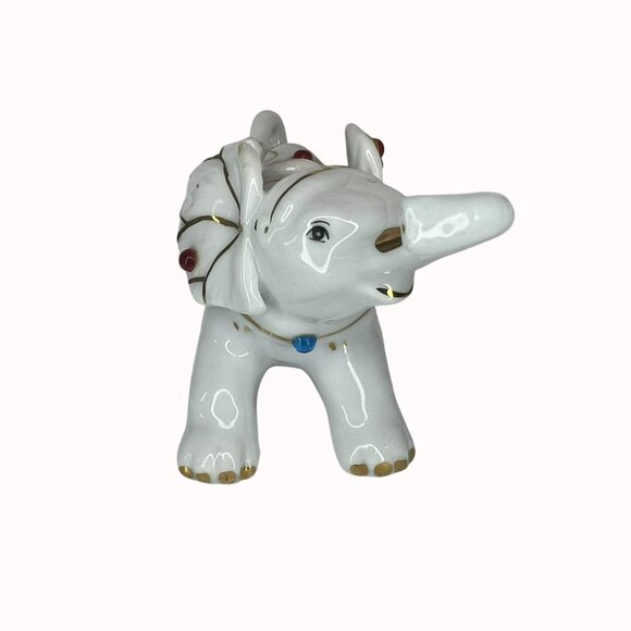 Vintage Ceramic Elephant Figurine White With Multicolor Accents & Gold Trim - Picture 2 of 4